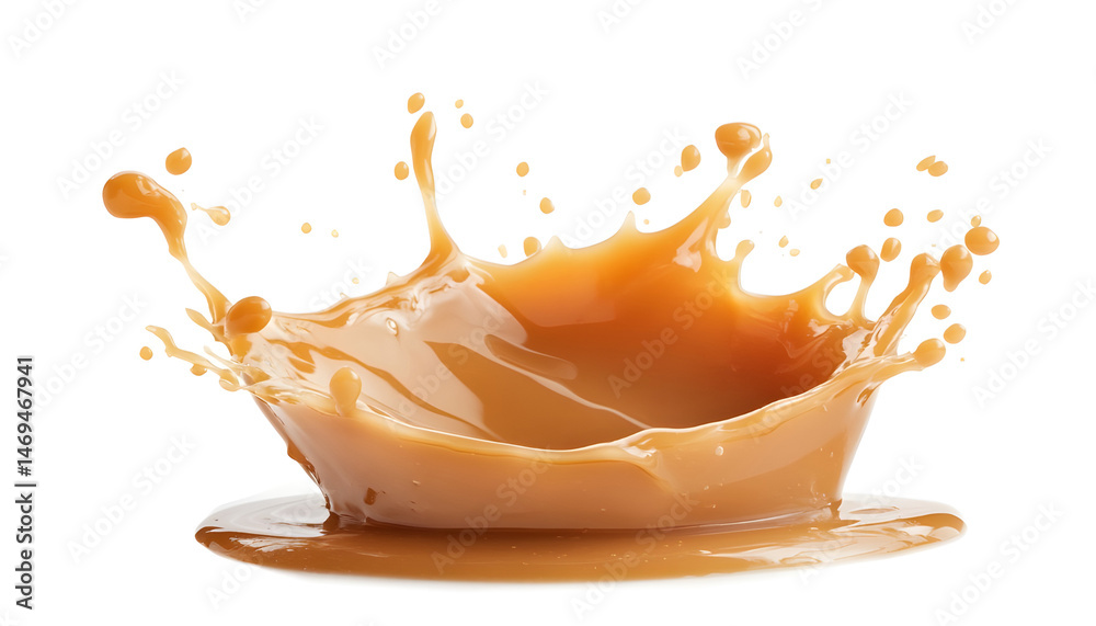 Caramel sauce splash isolated on white background, liquid syrup splash, caramel sugar candy or melted caramel