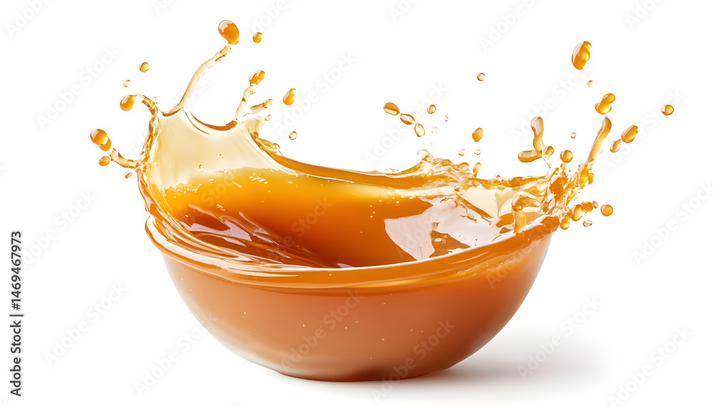 Caramel sauce splash isolated on white background, liquid syrup splash, caramel sugar candy or melted caramel