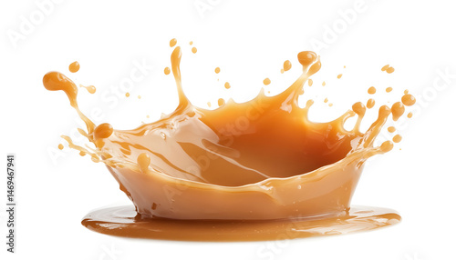 Caramel sauce splash isolated on white background, liquid syrup splash, caramel sugar candy or melted caramel