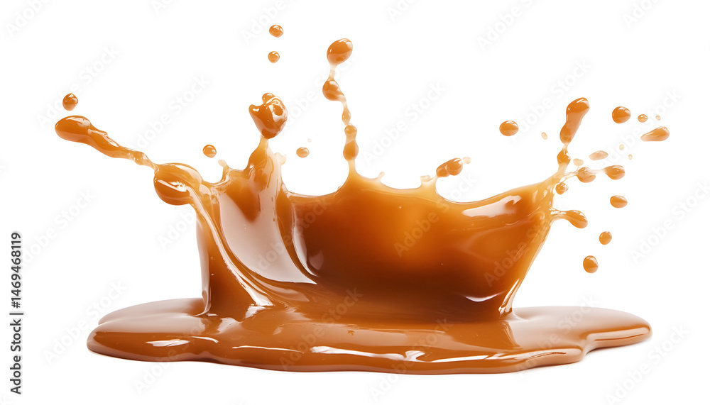 Caramel sauce splash isolated on white background, liquid syrup splash, caramel sugar candy or melted caramel
