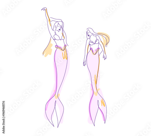 Set of vector mermaid illustrations, elegant female figures with fish tails and flowing hair in different poses. Line art style. Fantasy characters in clean minimalist style.