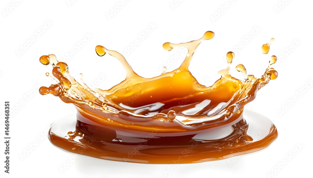 Caramel sauce splash isolated on white background, liquid syrup splash, caramel sugar candy or melted caramel