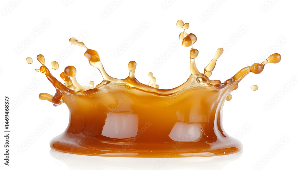 Caramel sauce splash isolated on white background, liquid syrup splash, caramel sugar candy or melted caramel