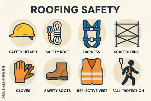 Roofing safety icons set: flat, silhouette, construction and protection symbols