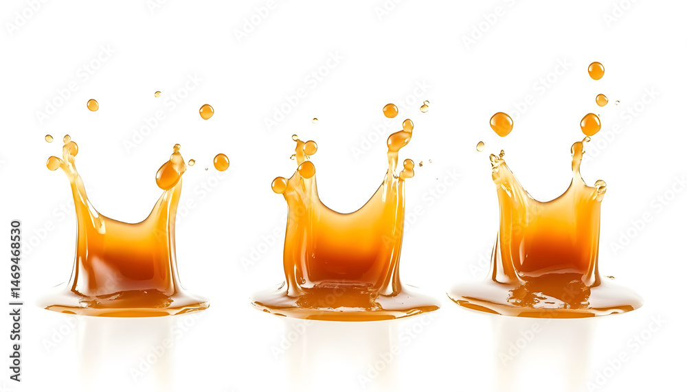 Caramel sauce splash isolated on white background, liquid syrup splash, caramel sugar candy or melted caramel