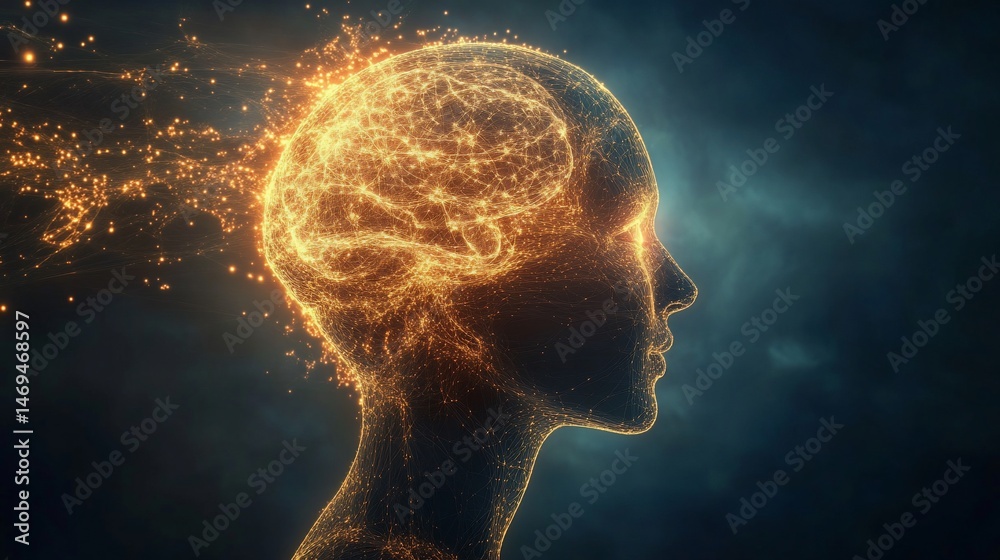 Obraz premium Human mind connection neural network glowing with light and particle