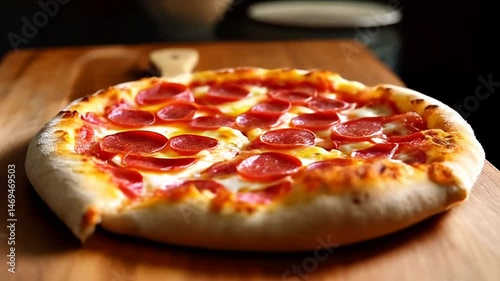Serving Freshly Baked Pepperoni Pizza on a Wooden Peel Close-Up