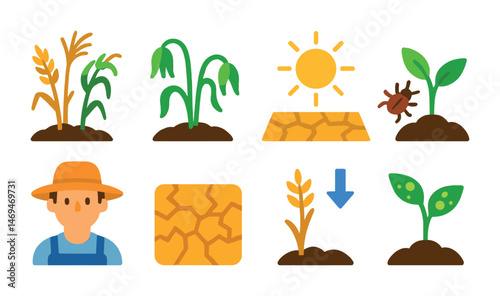 Agriculture and farming icons set – flat, filled, plant and soil growth symbols
