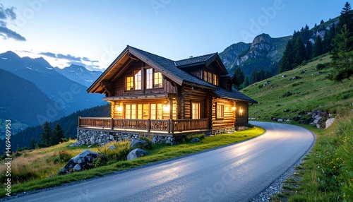 Exterior de cabaña rústica de madera con ventanas e iluminación junto a la carretera, paisaje de montaña; hermoso paisaje natural; escena tranquila de una casa de campo
