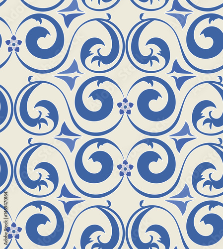 Blue swirls of stylized leaves on milky background. Seamless vector pattern.