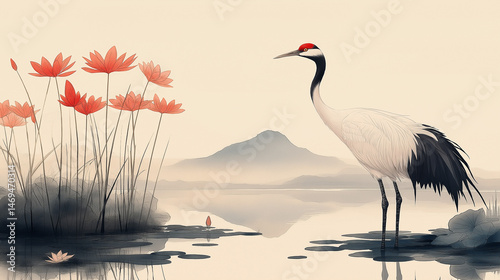 Crane by Lake: An illustration of a majestic crane stands gracefully by a tranquil lake, the soft brushstrokes capturing the serenity of the landscape and nature's tranquility.