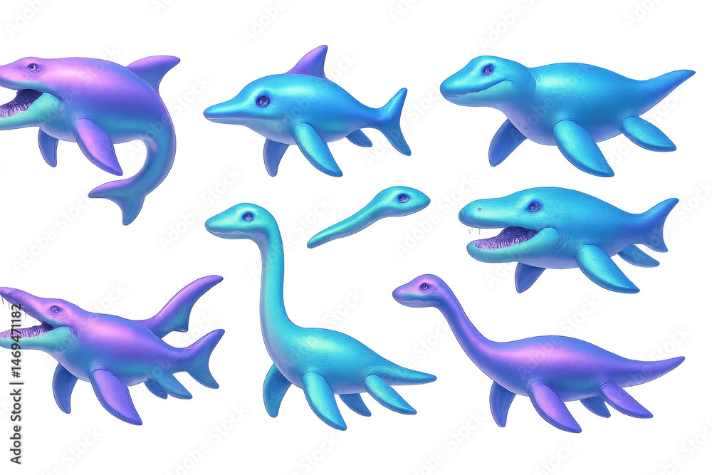3d marine reptile icons set – dinosaur, ocean, prehistoric, plesiosaur, aquatic, extinct. 3D icon set