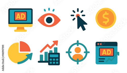 Digital marketing flat icons set – interactive, analytics, online promotion assets
