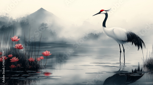 Tranquil Waterscape: A Japanese crane, with elegant feathers, stands gracefully in serene waters, framed by mountains and lotus flowers, evoking tranquility and peace.