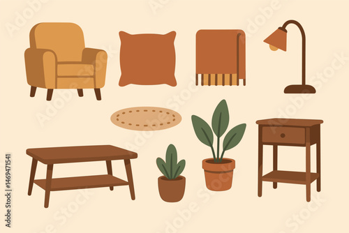 Home decor flat icons set – furniture, plants, cozy living essentials