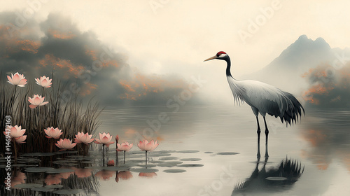 Tranquil Serenity: A serene scene showcases a lone crane gracefully wading in tranquil water, surrounded by lotus blooms and misty mountains.