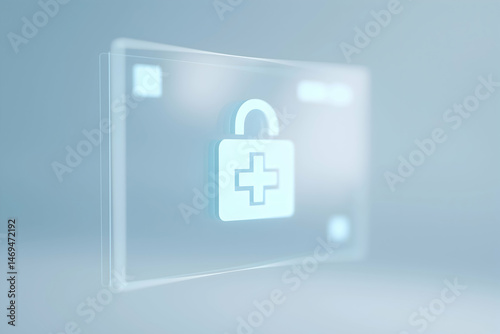 A digital lock with a medical cross symbolizes healthcare data security and privacy on a translucent screen.