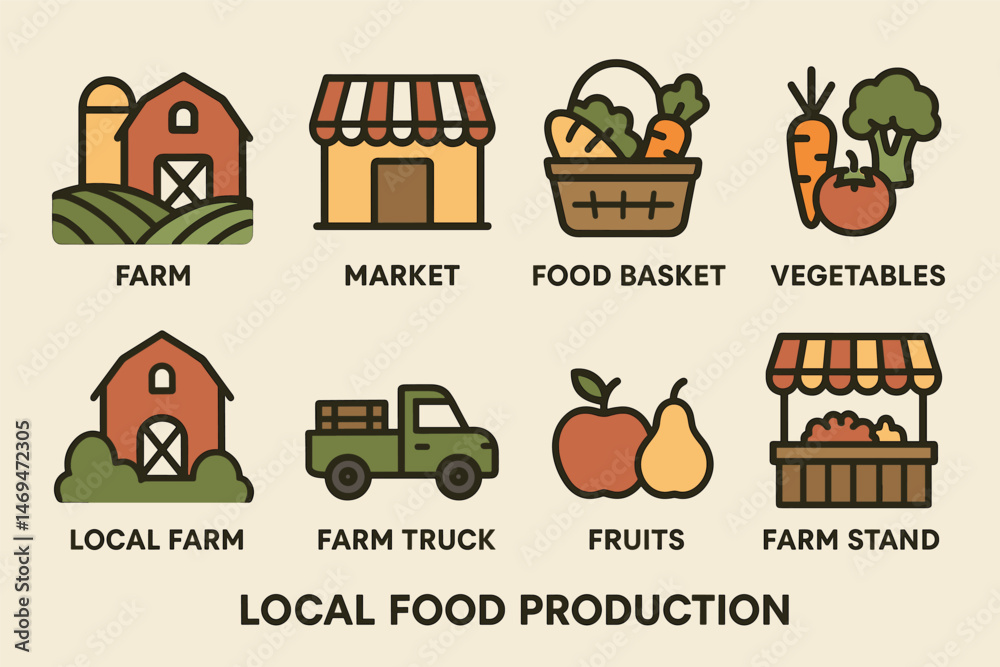 Obraz premium Local food production icons set – flat, market, farm and agriculture symbols
