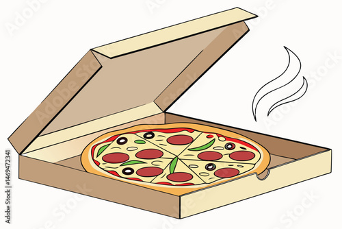35 a pizza box, open, with a hot and freshly baked pizza with pepperoni, mushrooms, and other toppings visible inside, realistic digital art style, 3D render, photorealistic, high contrast, bright col