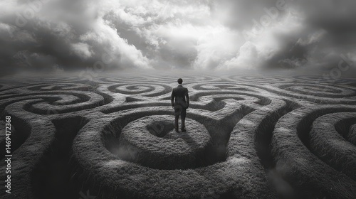 A person standing in a surreal landscape of swirling patterns under dramatic clouds.