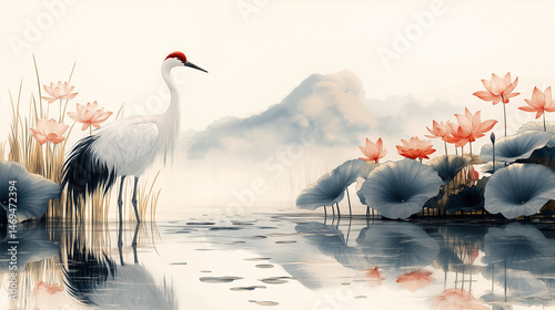 Crane Amidst Serene Blooms: A tranquil artistic representation showcases a graceful crane standing beside blooming lotus flowers and a serene lake, capturing the essence of zen.