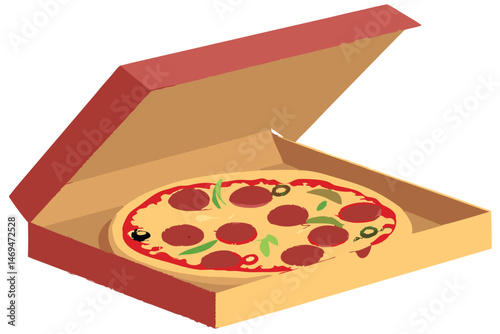 35 a pizza box, open, with a hot and freshly baked pizza with pepperoni, mushrooms, and other toppings visible inside, realistic digital art style, 3D render, photorealistic, high contrast, bright col