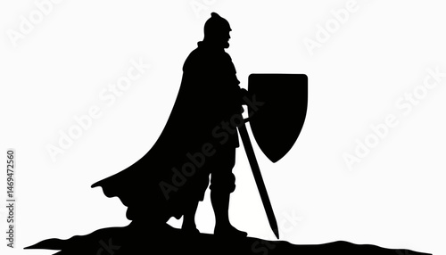 Knight silhouette raising shield against white background, bravery