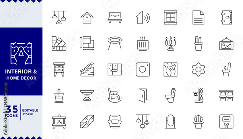  Pixel Perfect ,Interior & Home Decor set of web icons in line style, Linear icon collection.Decorating, Renovating,