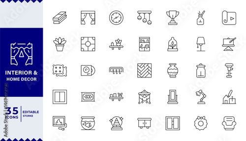  Pixel Perfect ,Interior & Home Decor set of web icons in line style, Linear icon collection.Decorating, Renovating,