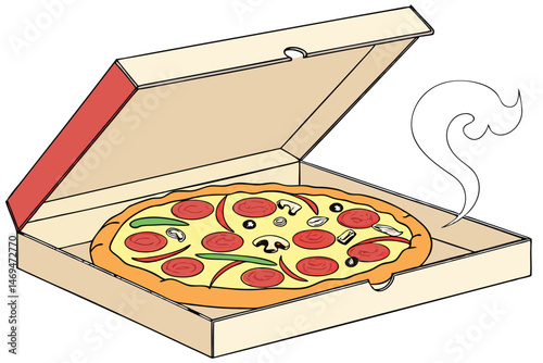 35 a pizza box, open, with a hot and freshly baked pizza with pepperoni, mushrooms, and other toppings visible inside, realistic digital art style, 3D render, photorealistic, high contrast, bright col