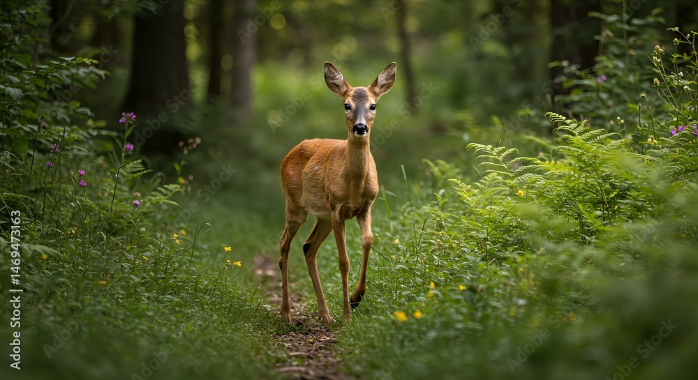 Fototapeta premium * Alert Roe Deer Fawn in a Sunny Meadow * Cute Young Deer Standing in Green Grass * Curious Fawn Looking at the Camera * Beautiful Roe Deer Calf in Springtime Field * Innocent Wild Deer in a Natu