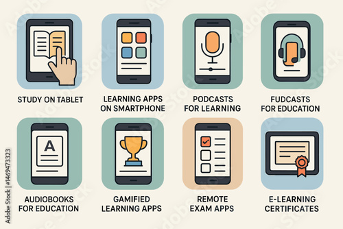 E-learning and education icons set – flat, outline, digital learning symbols