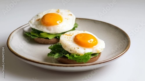 Preparing Fried Egg Toasts on a Plate with Greens
