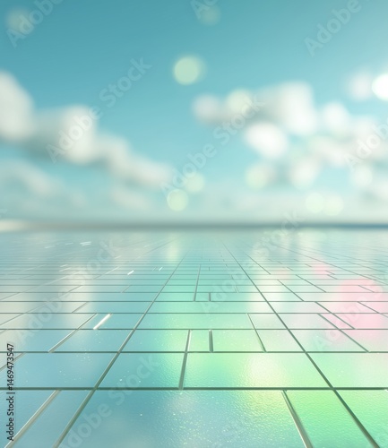 Holographic green floor tiles surface with slight reflection and blur background