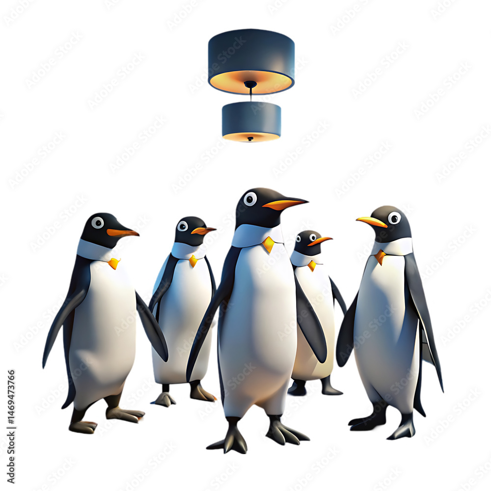 Fototapeta premium Five Penguins Look Up at a Modern Lamp