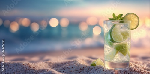 Glass of sparkling water with lime on sandy beach at sunset.