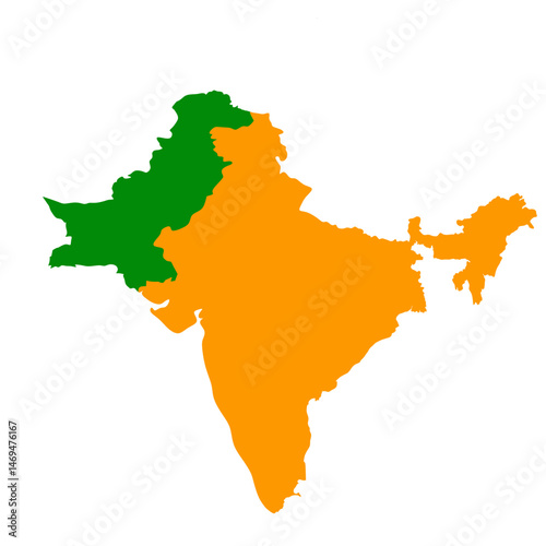 Map of Pakistan in green and India in orange