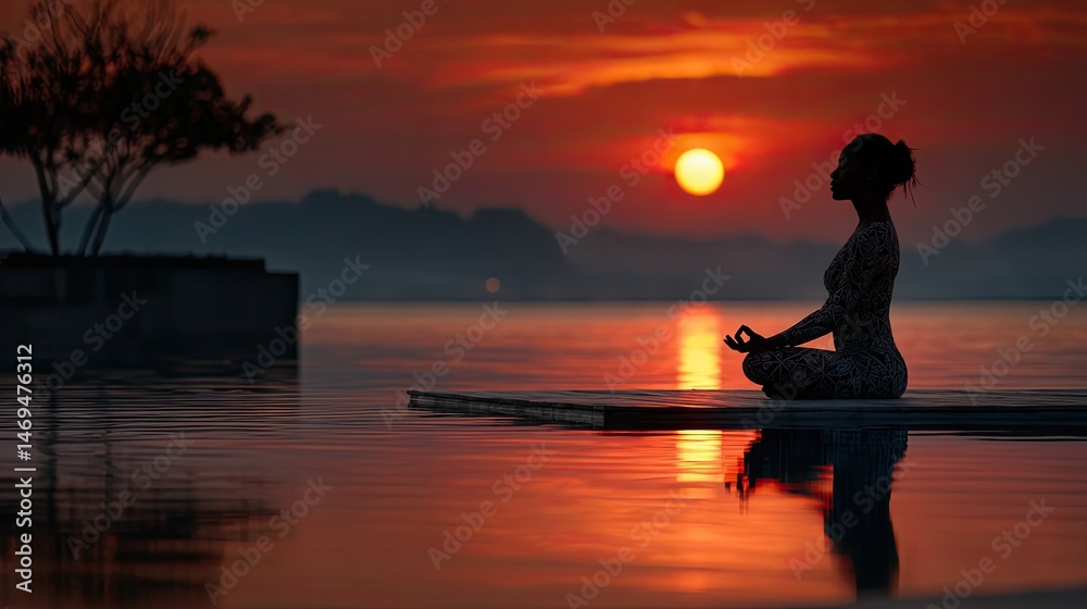 Fototapeta premium Yoga practitioner meditates at sunrise by serene water calm reflection tranquil viewpoint peaceful concept