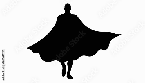 Heroic silhouette flying with flowing cape on white background, empowerment