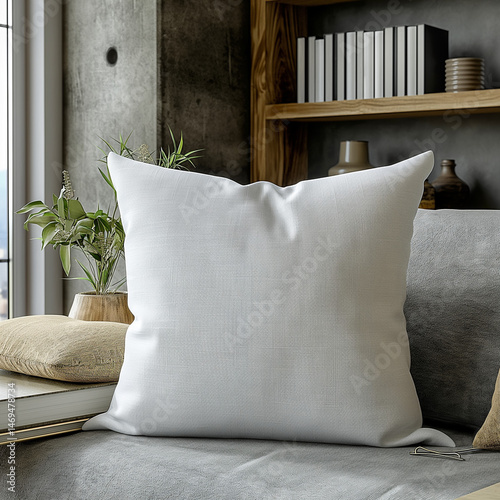White Throw Pillow on Sofa: A pristine white throw pillow adds a touch of minimalist elegance to a modern living room, resting invitingly on a grey sofa.