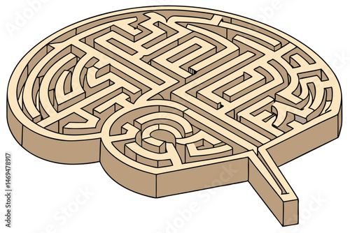 39 wooden brain maze, intricate labyrinth puzzle, 3D wooden brain model, abstract brain shape with maze-like pattern, complex wooden brain puzzle, brain-shaped wooden maze, intriguing wooden brain maz