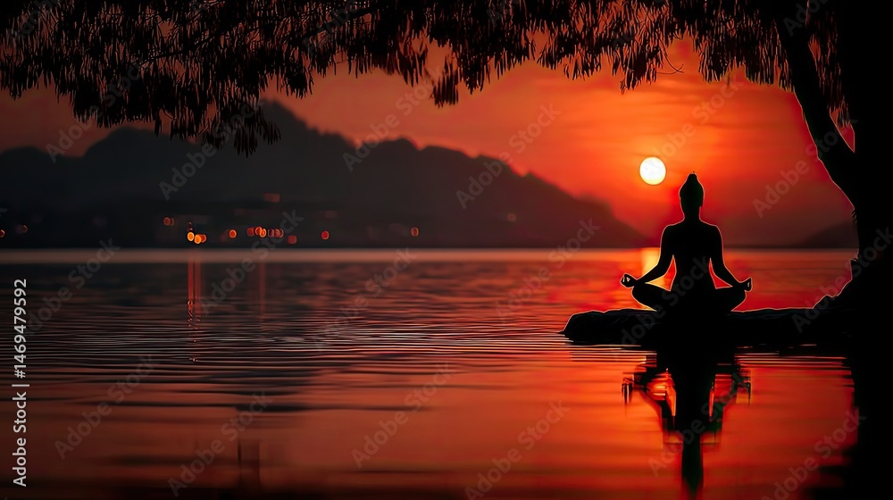Yoga practitioner meditating at sunrise by serene lake peaceful nature scene tranquil view Yoga practitioner meditating at sunrise by serene lake peaceful nature scene tranquil view