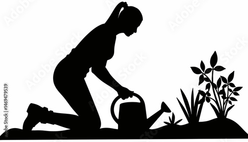 Silhouette of a woman watering plants, nurturing growth and nature