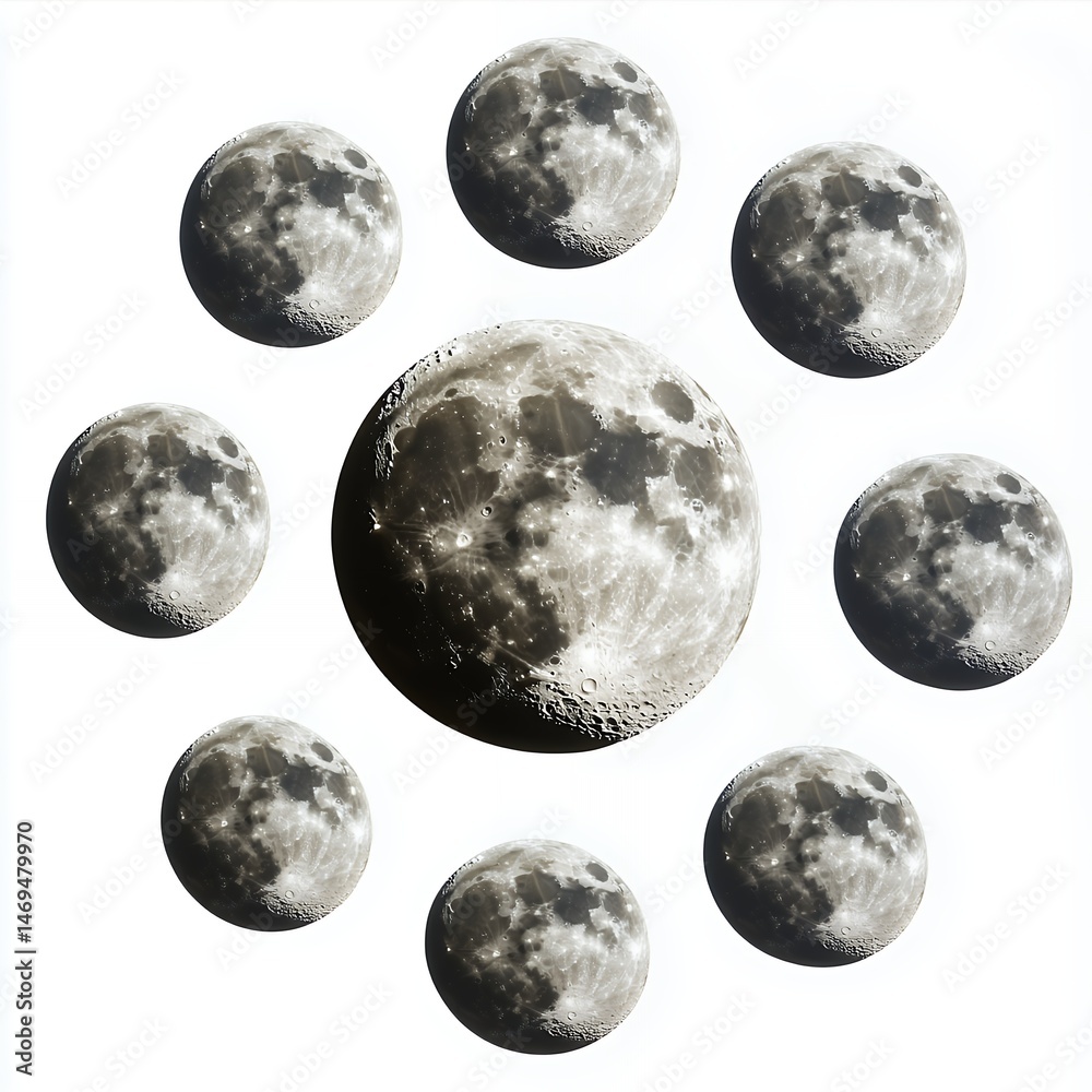 Naklejka premium Nine Moons Celestial Pattern Dark Grey White Background art space night lunar orbit image photo
