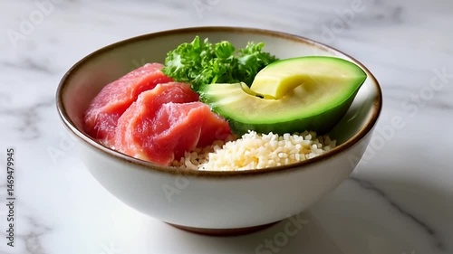 Preparing Fresh Tuna Bowl with Avocado and Rice for Healthy Eating