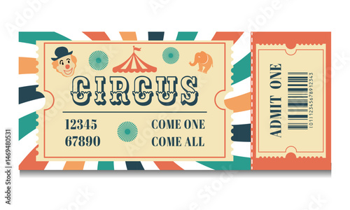 Vintage circus ticket illustration with clown face, tent, elephant, and bold typography. Retro design with colorful borders, barcode, and admission details. Perfect for events and posters.Vector.