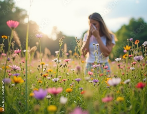 suffering from seasonal allergies in a blooming meadow filled with an abundance of wildflowers and tall grasses