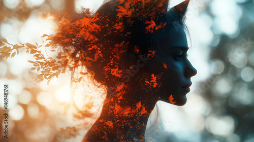 Ephemeral Fusion: A profile of a woman merges with nature's elements, displaying a dreamlike ethereal essence that embodies unity, interconnectedness, and the ever-present beauty.