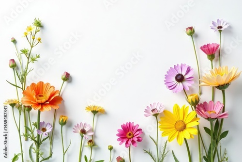 Delicate wildflowers scattered on white background, blossom, botanical