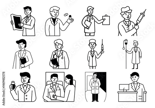 Medical Professionals Icon Set: Doctors, Nurses, Surgeons, Paramedics, Pharmacists, and Healthcare Workers in Various Occupations